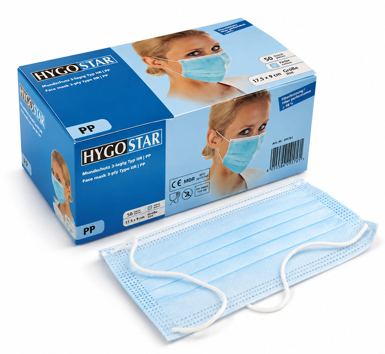 Mundschutz OP-Maske Hygostar, blau, Typ IIR - Packung à 50 Stück