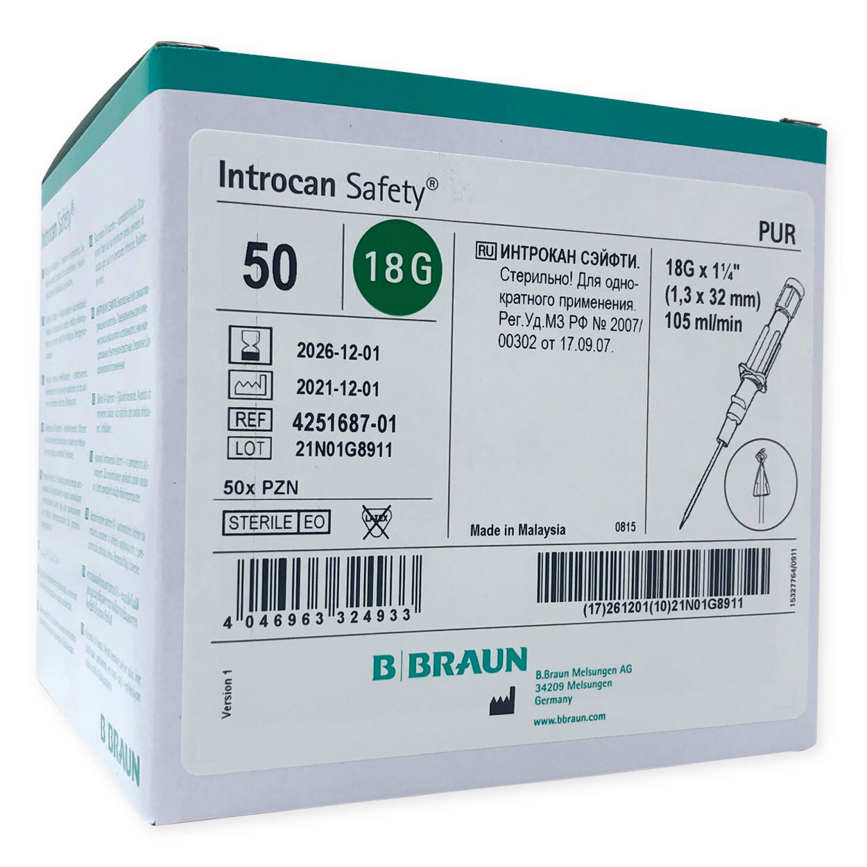 Introcan Safety® 1,30 x 32 mm G 18 grün, PUR - Packung à 50 Stück