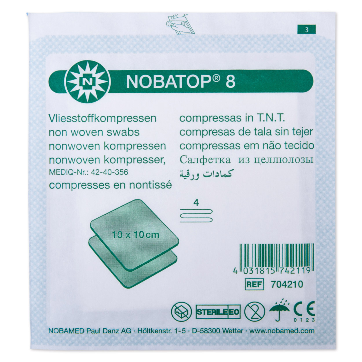 NOBATOP-steril 8, à 2, 5 x 5 cm Vliesstoffkompressen - Packung à 50 Stück