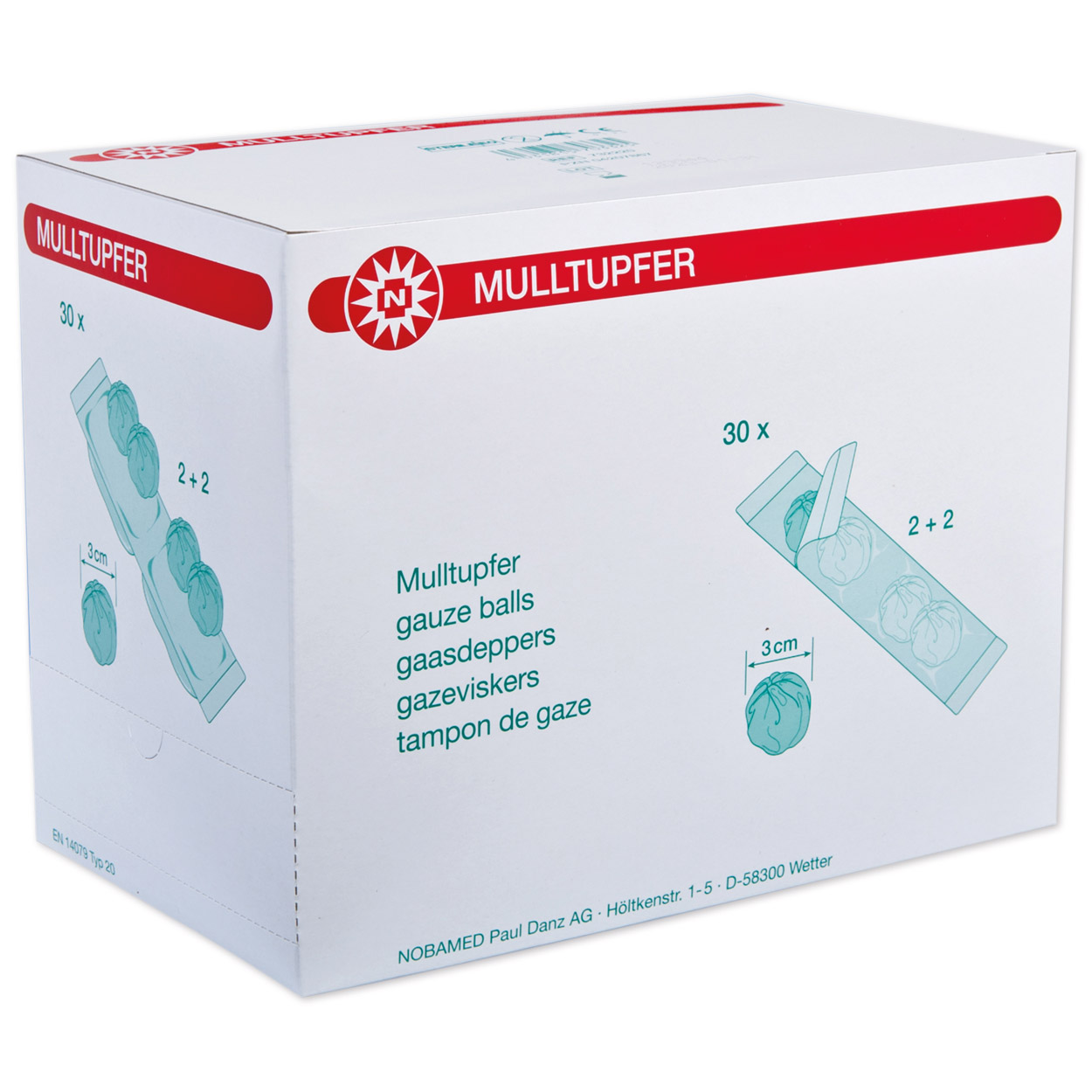 NOBAMED MULLTUPFER-steril, 2+2 Tupfer, ca. 3 cm Durchmessert, in 30 weichen  2-Kammer-Sterilpackungen