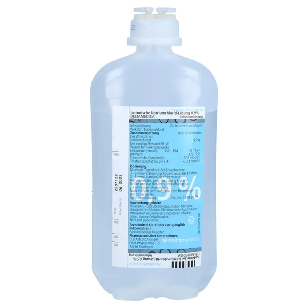 Deltamedica Isotonische Kochsalzlösung NaCl 0,9% 500 ml, Karton à 10 Flaschen Deltamedica Isotonische Kochsalzlösung NaCl 0,9% 500 ml, Karton à 10 Flaschen