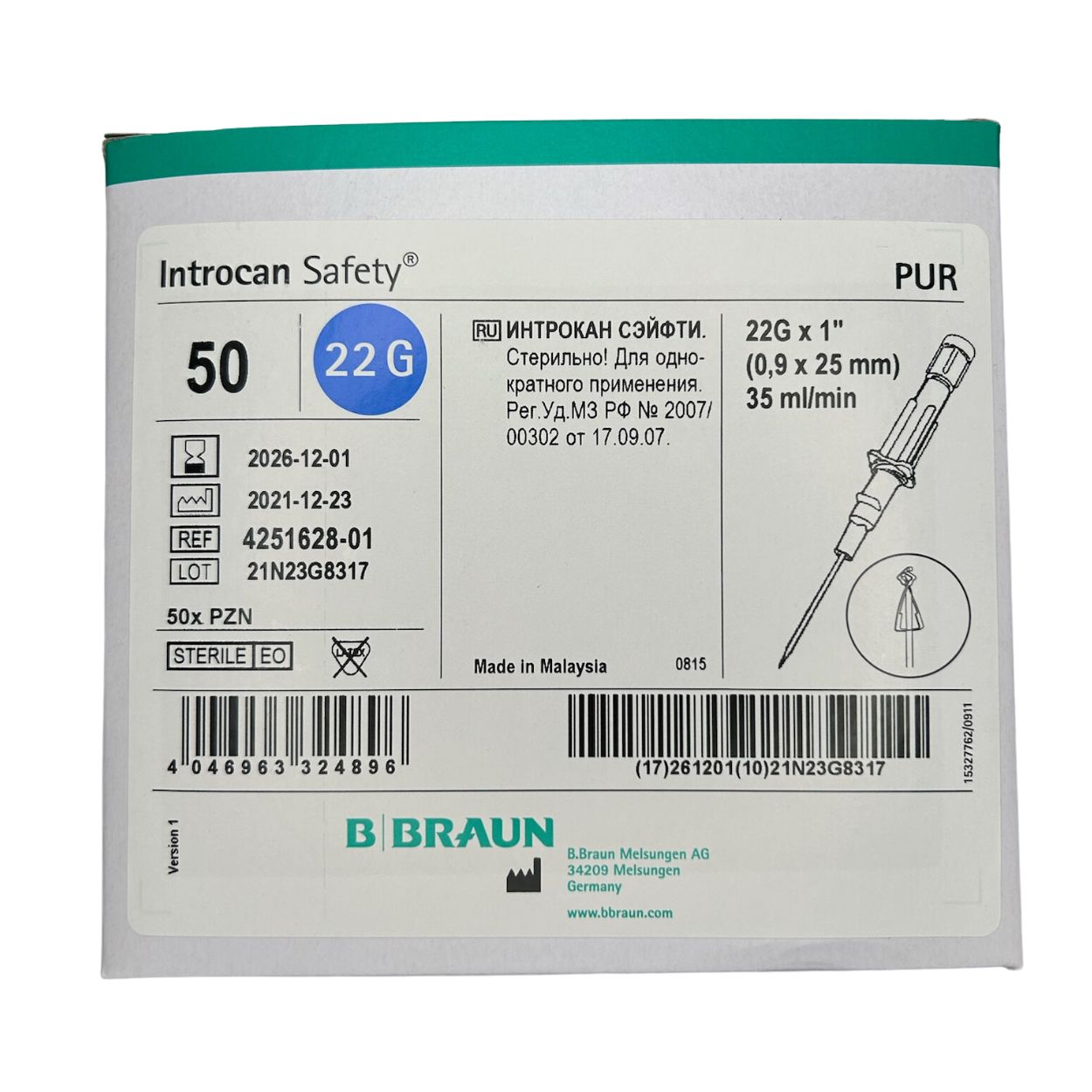 Introcan Safety® 0,90 x 25 mm G 22 blau, PUR - Packung à 50 Stück