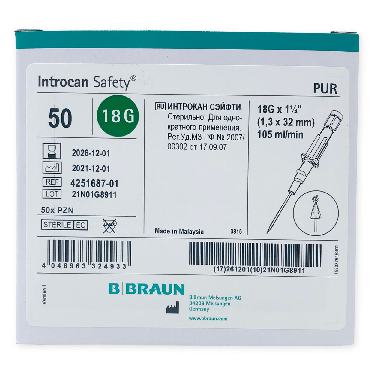Introcan Safety® 1,30 x 32 mm G 18 grün, PUR - Packung à 50 Stück