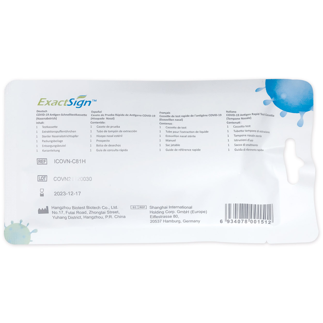ExactSign Nasen-Abstrich-Test für Laien - Corona Antigen-Schnelltest - Einzelpackung