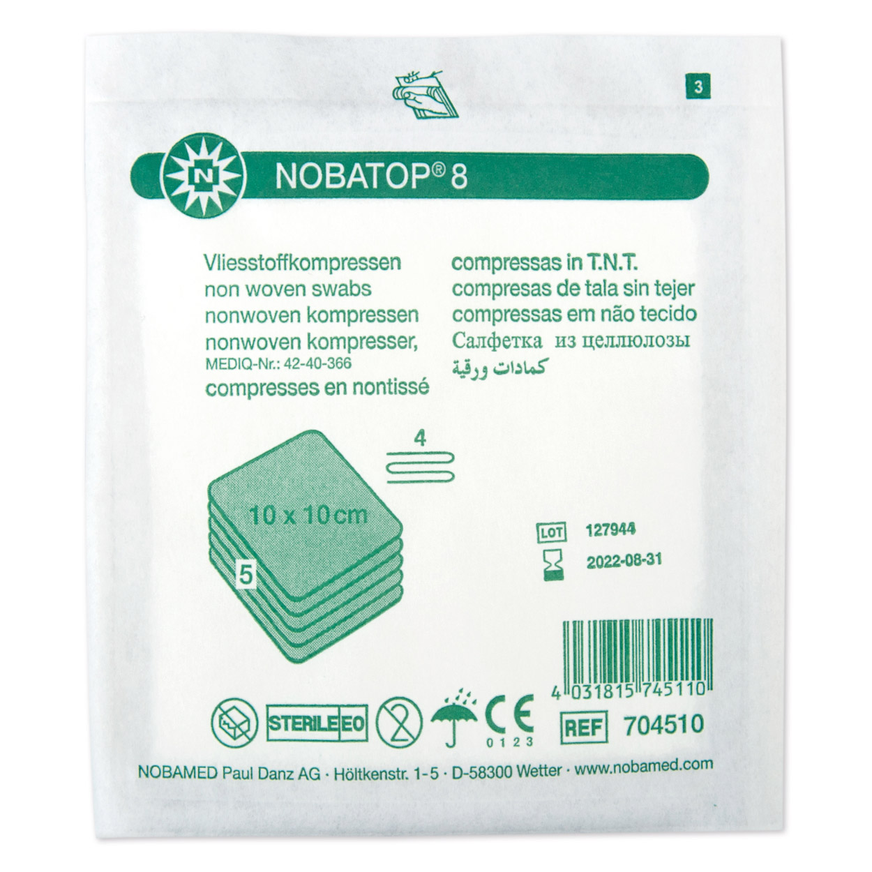 NOBATOP-steril 8, à 5, 10 x 10 cm Vliesstoffkompressen - Packung à 25 x 5 Stück