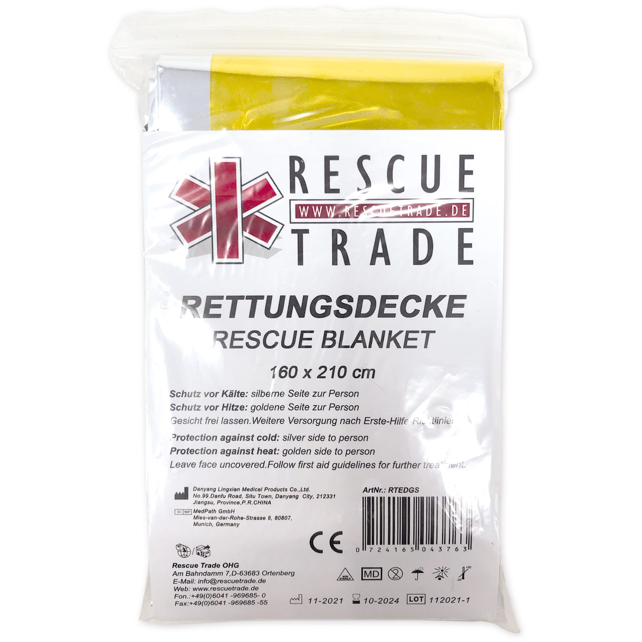 RescueTrade Rettungsdecke gold-silber 210  x 160 cm 