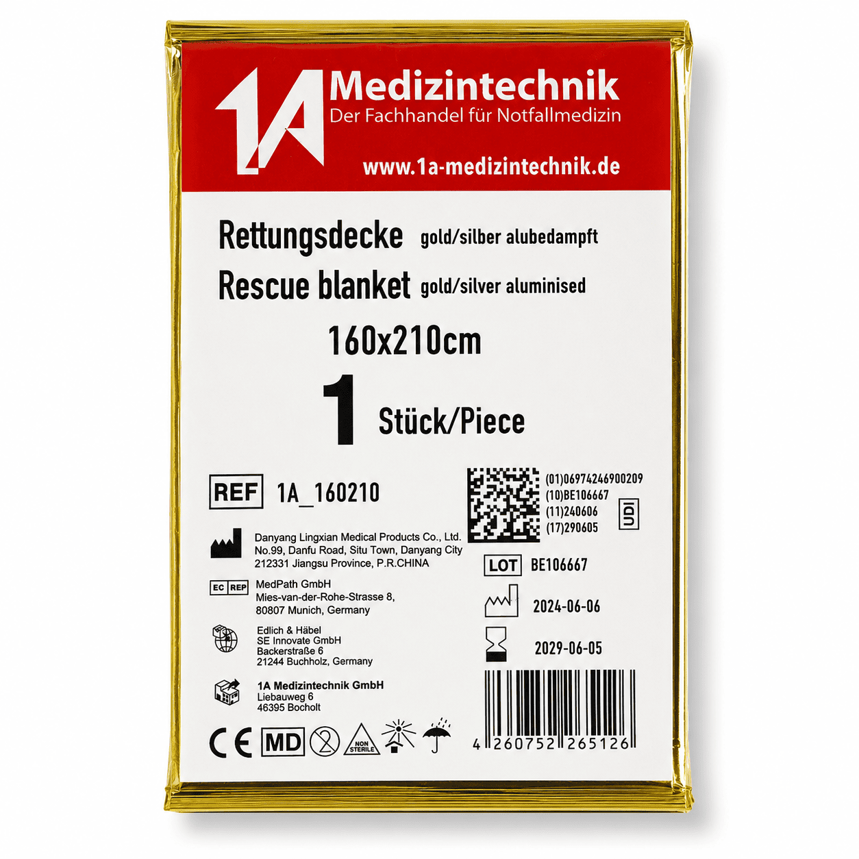 Rettungsdecke (1A) Gold / Silber 210 x 160 cm