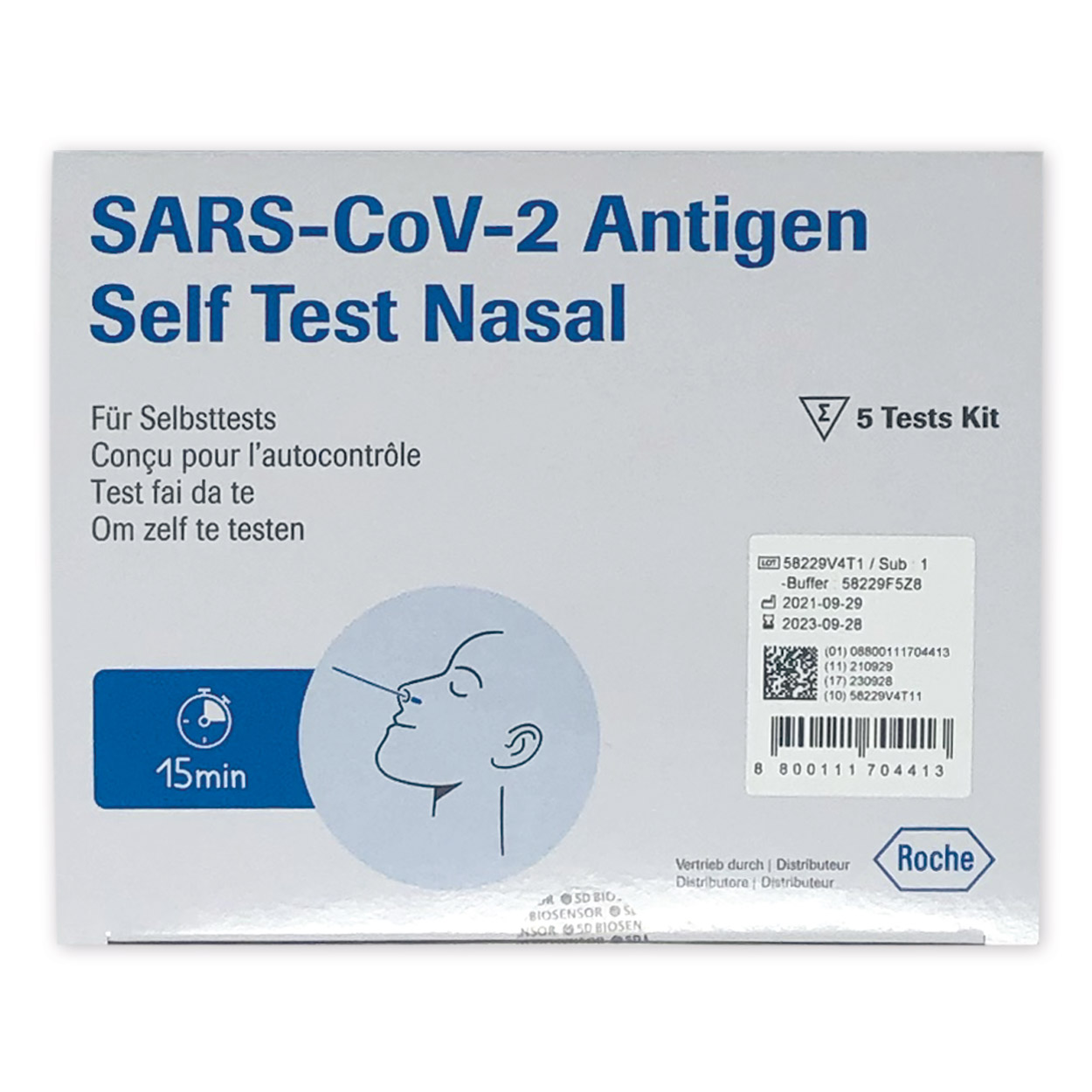 Roche Nasen-Abstrich-Test für Laien - Corona Antigen-Schnelltest - Packung à 5 Stück