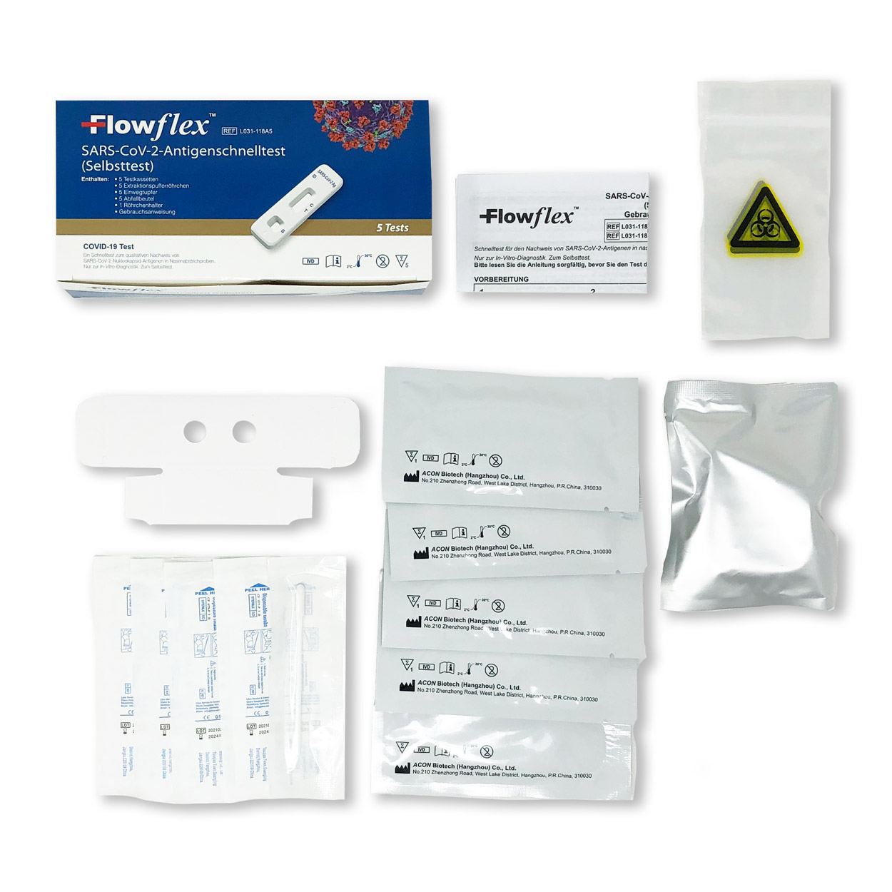 FlowFlex Nasen-Abstrich-Test für Laien - Corona Antigen Schnelltest - Packung à 5 Stück FlowFlex Nasen-Abstrich-Test für Laien - Corona Antigen Schnelltest - Packung à 5 Stück