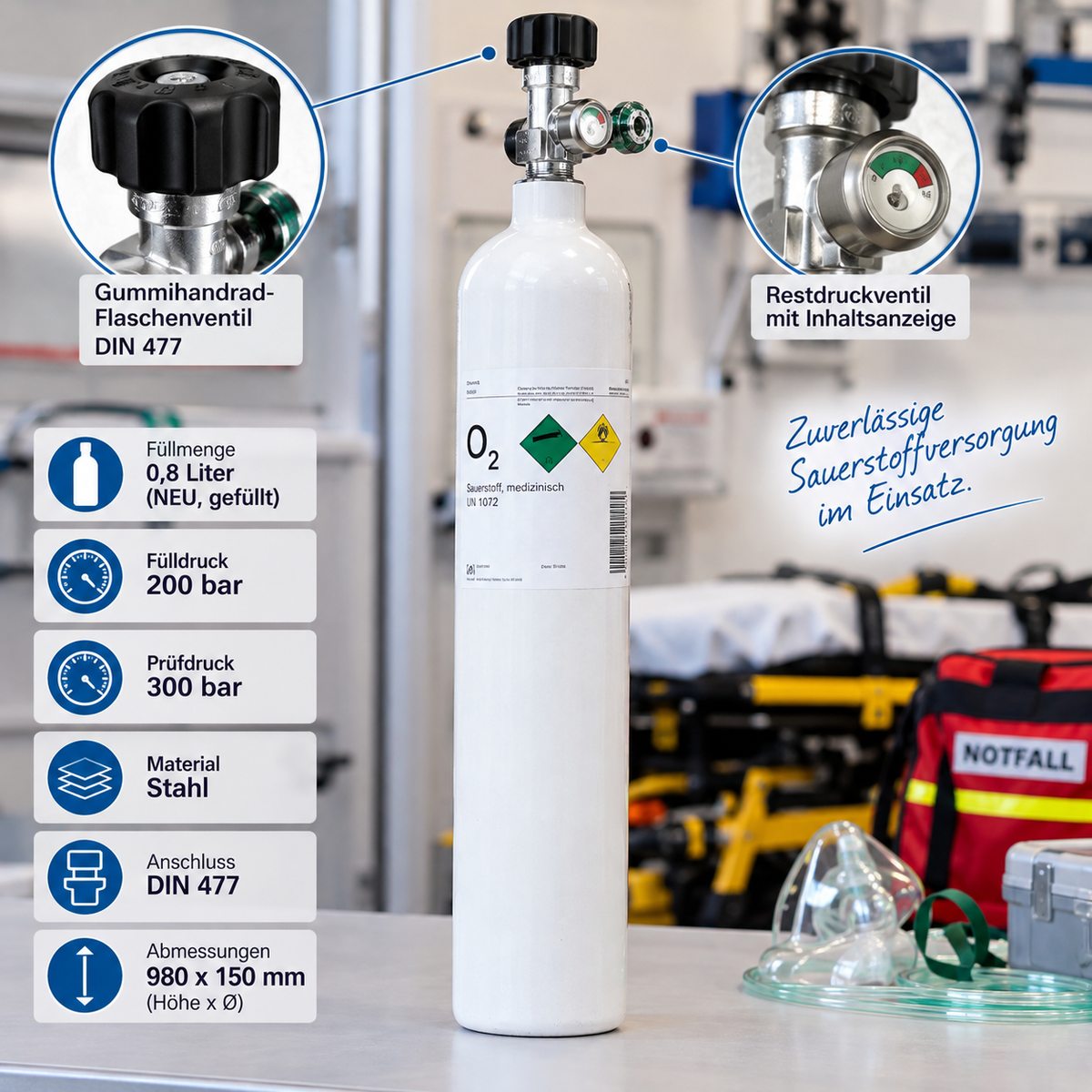 Sauerstoffflasche NEU 0,8 Liter gefüllt mit Restdruckventil / Stahl