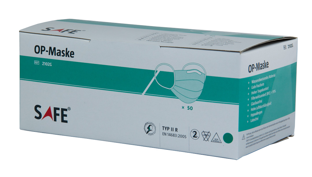 Chirurgische Maske mit Gummi, grün, Packung à 50 Stück Chirurgische Maske mit Gummi, grün, Packung à 50 Stück