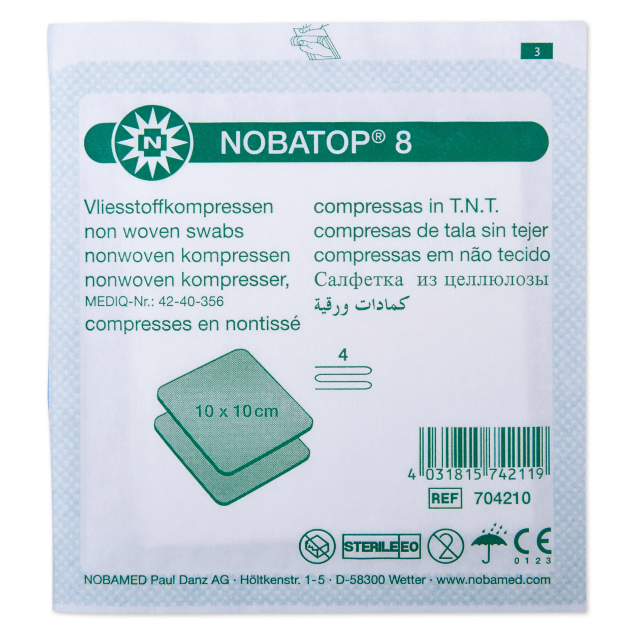 NOBATOP-steril 8, à 2, 10 x 10 cm Vliesstoffkompressen - Packung à 50 Stück
